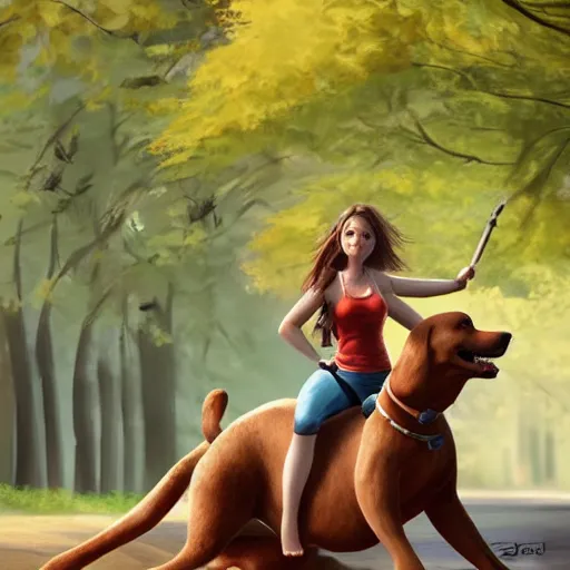 Image similar to girl riding a giant dog in the park, trending on artstation