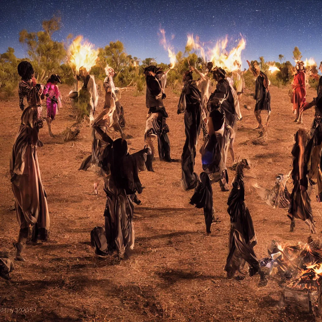Image similar to photograph of three ravers, two men, one woman, woman is in a trenchcoat, blessing the soil at night, seen from behind, talking around a fire, two aboriginal elders, dancefloor kismet, diverse costumes, clean composition, desert transition area, bonfire, starry night, australian desert, xf iq 4, symmetry, sony a 7 r