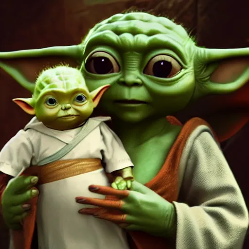 Prompt: real vintage photo, zelda the princess holding baby yoda in her arms, detailed, hyper realistic, 4 k octan render, unreal 5