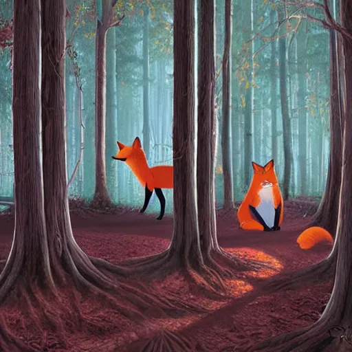Image similar to a red fox and a ginger teen girl at dark forest where trees are huge, ultra realistic by ori toor and escher