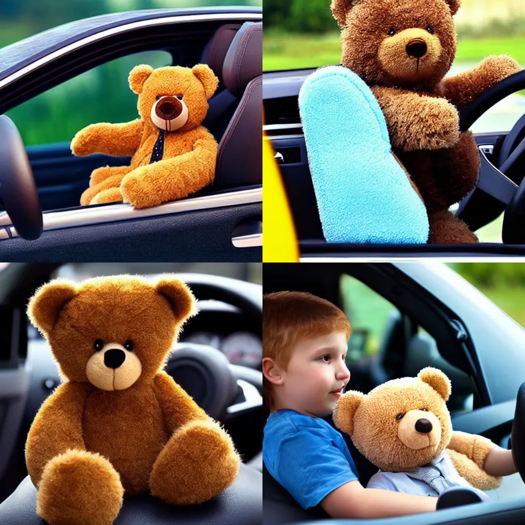 Prompt: teddy bear driving car