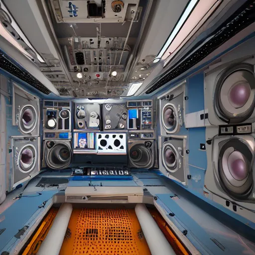 Image similar to giant speaker system and music studio in the interior of an international space station. modular synthesizers. photorealistic 35mm 4k cgsociety