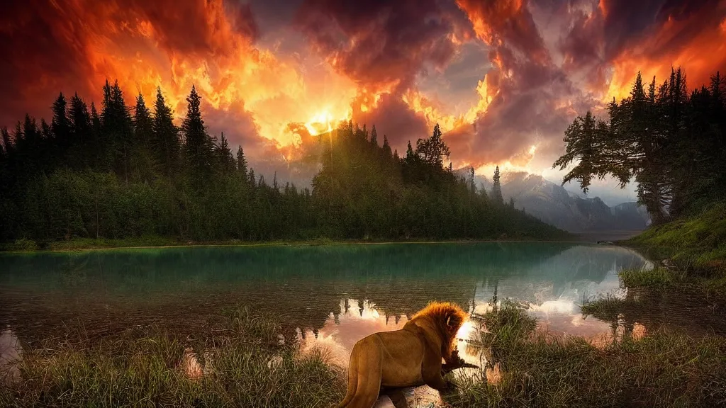 Prompt: amazing landscape photo of a lion bathing in a lake in sunset by marc adamus, beautiful dramatic lighting