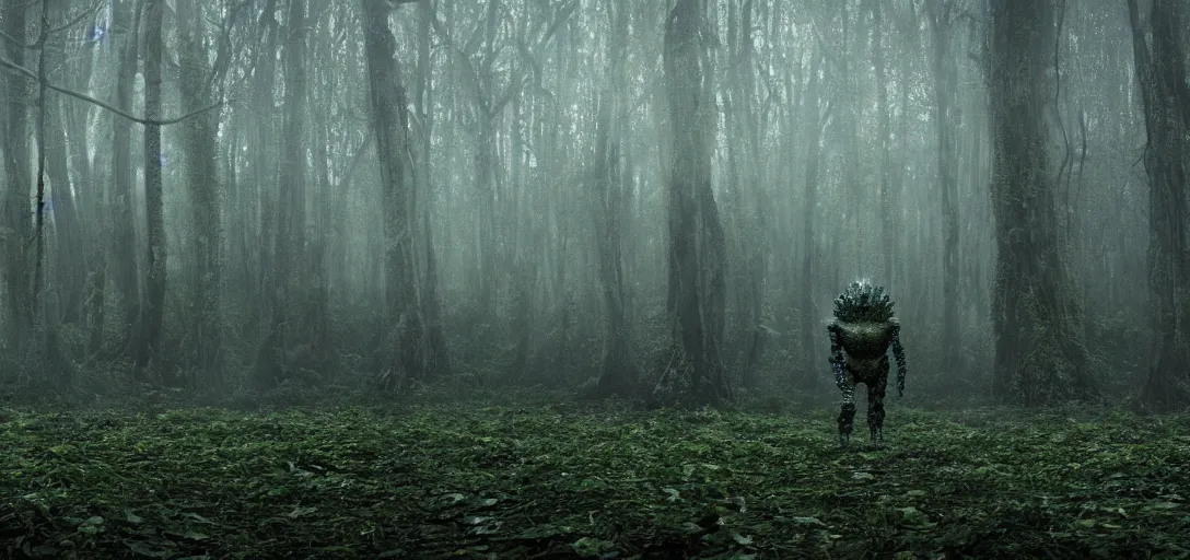 Image similar to a complex organic fractal 3 d metallic symbiotic ceramic humanoid megastructure creature in a swampy lush forest, foggy, cinematic shot, photo still from movie by denis villeneuve