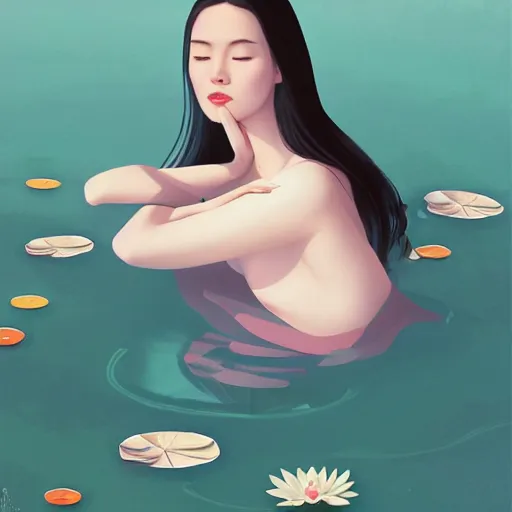 Prompt: painting of a woman floating in water surrounded by lily pads, a digital painting by Hsiao-Ron Cheng, featured on cgsociety, fantasy art, digital painting, digital illustration, storybook illustration