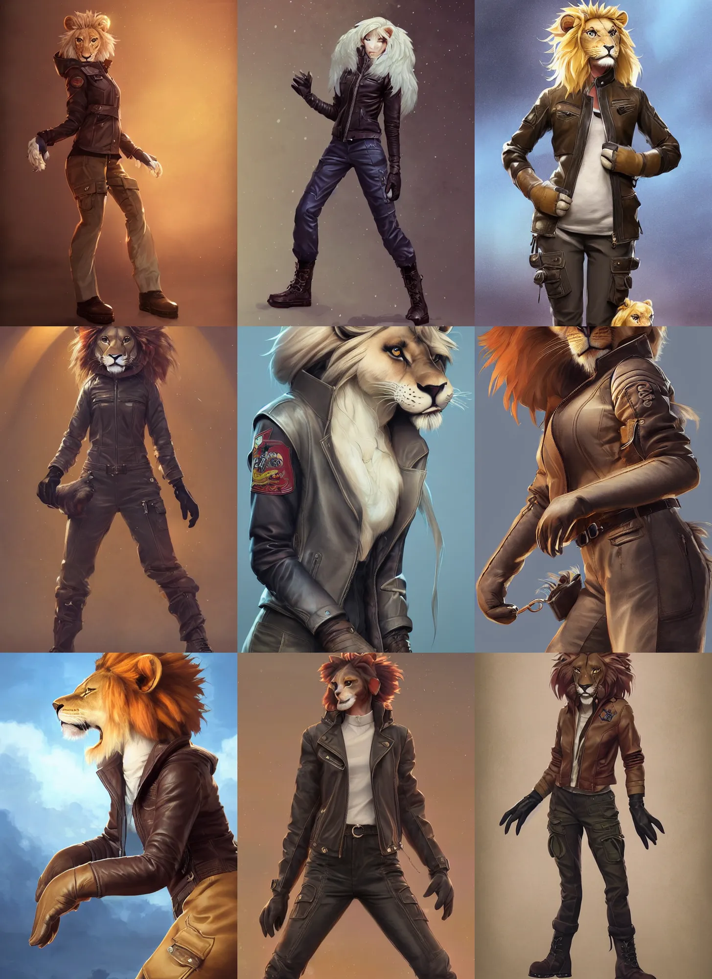 Image similar to beautiful portrait of a female anthropomorphic lion fursona wearing a leather jacket. leather gloves. leather boots. cargo pants. character design by charlie bowater, ross tran, artgerm, and makoto shinkai, detailed, soft lighting, rendered in octane