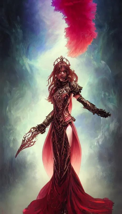 Image similar to portrait of magical paladin , dark fantasy, gradient red black, dreamy and ethereal, (colour) eyes, peaceful expression, ornate frilly dress, fantasy, intricate, elegant, rainbow bubbles, highly detailed, digital painting, artstation, concept art, smooth,b sharp focus, illustration, art by artgerm and greg rutkowski and alphonse mucha