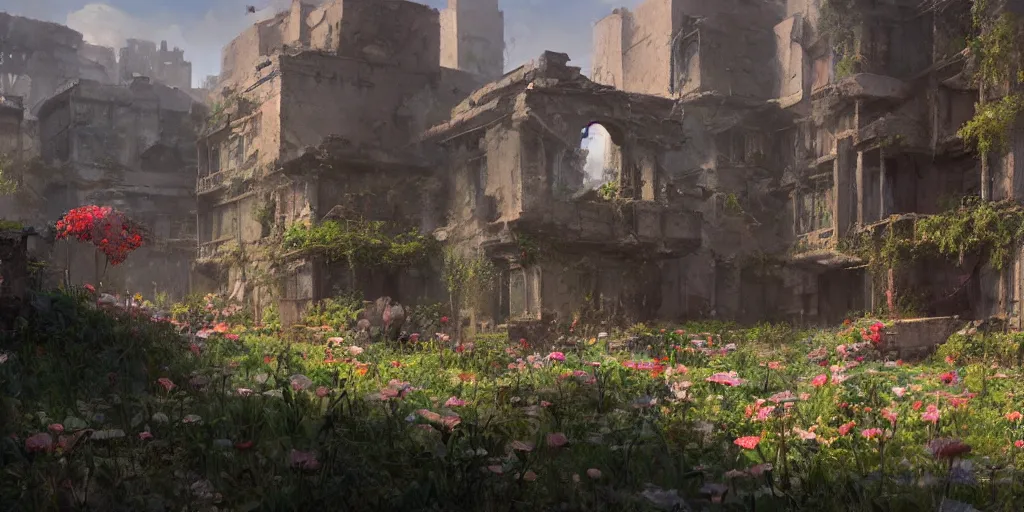 Prompt: a flower grows against the background of a ruined city, painting by Craig Mullins, octane rendering, soft morning lighting, wide angle lens, in the style of Hayao Miyazaki, trending on artstation,