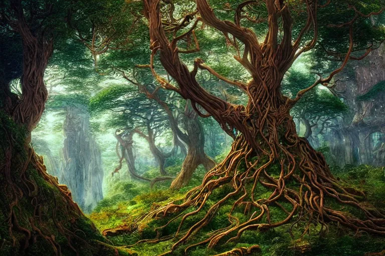 Prompt: a beautiful and highly detailed digital painting of an elven tree with celtic roots in the mystical mountains, psychedelic patterns, intricate details, epic scale, 8 k, sharp focus, photorealism, artstation, cgsociety, by caspar friedrich, albert bierstadt, james gurney, brian froud,