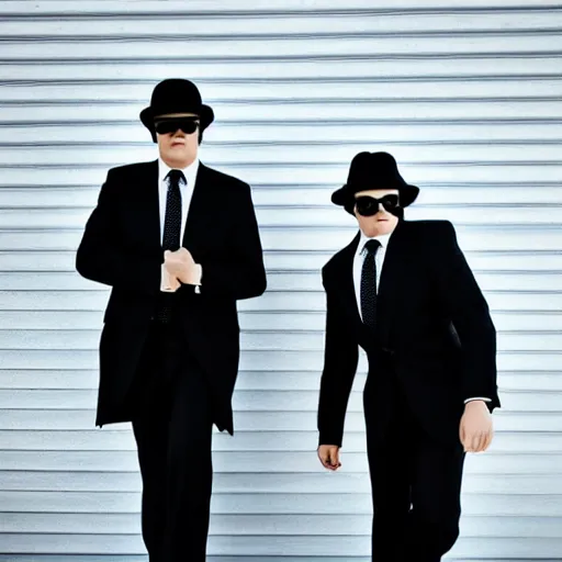 Prompt: blues brothers walking towards camera with white background. wearing suits. strong shadows. high contrast. serious look. carrying a pistol