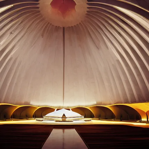 Prompt: central altar in the interior of a futuristic lotus temple with gold, red and white marble panels, in the desert, by buckminster fuller and syd mead, intricate contemporary architecture, photo journalism, photography, cinematic, national geographic photoshoot