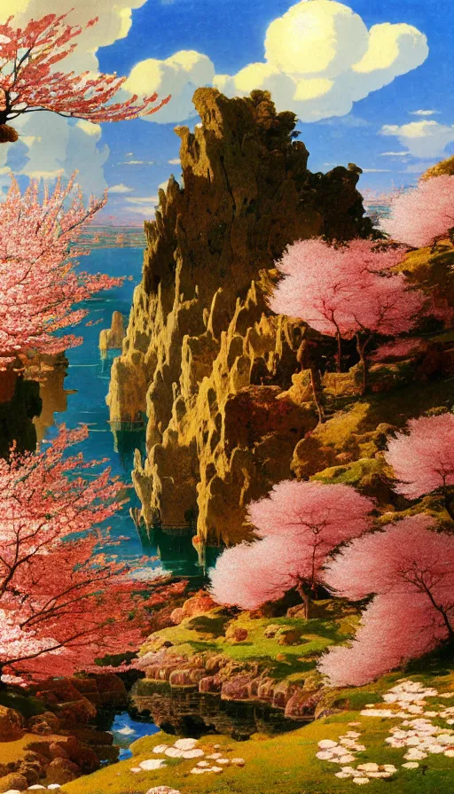 Prompt: ghibli illustrated background of a strikingly beautiful landform with strange rock formations and red water and cherry blossoms by vasily polenov, eugene von guerard, ivan shishkin, albert edelfelt, john singer sargent, albert bierstadt 4 k