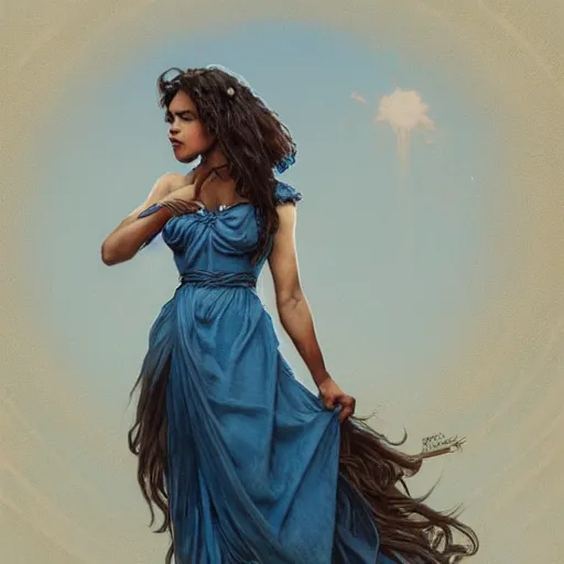 Image similar to full figure ultra realistic illustration, tessa thompson wearing a maiden blue dress, brown flowy hair, old west, intricate, elegant, highly detailed, digital painting, artstation, concept art, smooth, sharp focus, illustration, art by artgerm and greg rutkowski and alphonse mucha