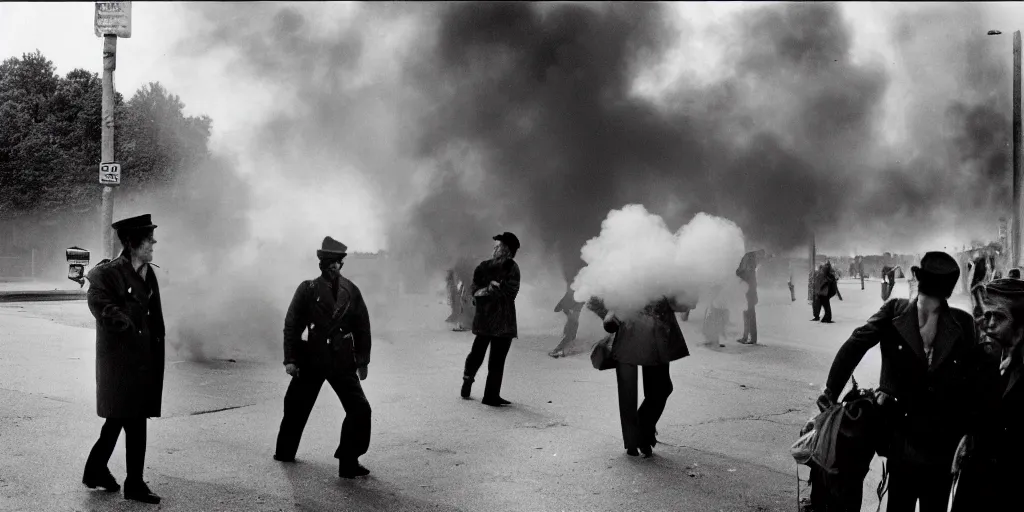 Image similar to street photo, war, revolution, smoke on the street, a lot of people, film photography, exposed b & w photography, christopher morris photography, bruce davidson photography, peter marlow photography