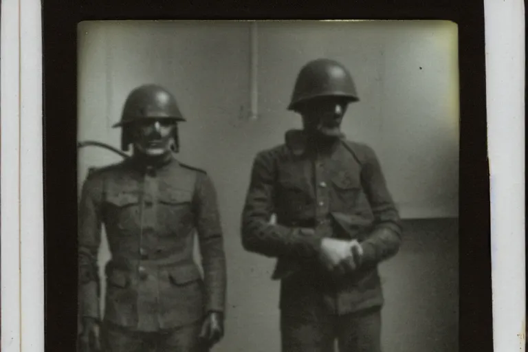 Prompt: dark old polaroid of an german scientist who created a terminator exoskeleton, world war 2