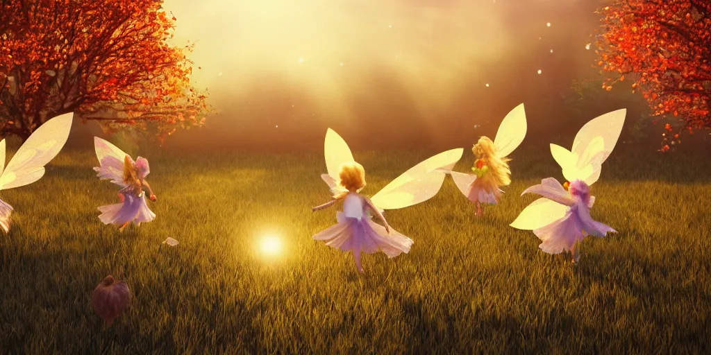 Image similar to magical fairy chickens frolicking in a field, autumn, sparkles, light beams, photorealistic, hyperrealistic, 8 k, trending on artstation