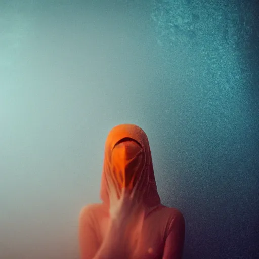 Image similar to a blurry closeup picture of woman's skin gripped tightly, female bodies, hands, dripping wet, no face, macro photography, long exposure photograph, surrealism, anamorphic bokeh, cozy, soft light, cyan and orange, caustic, atmospheric fog, octane render, cinematic