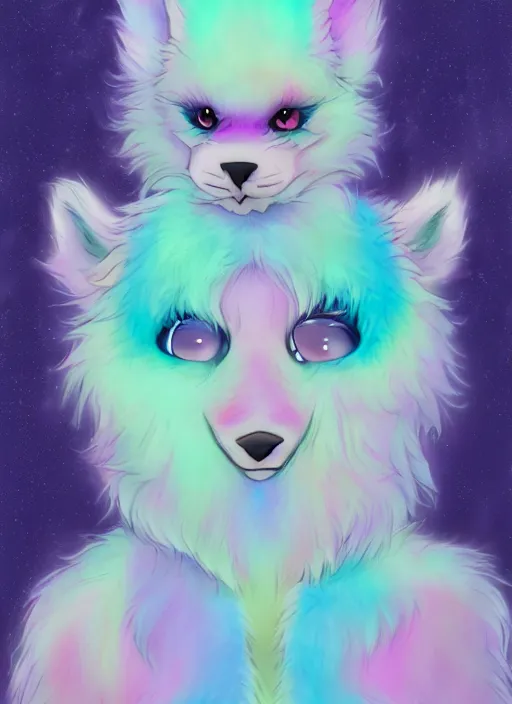 Prompt: placid pastel cute warped otherworldly IRIDESCENT fluffy furry fursona GLOWING FOURTH-DIMENSION, VOMITCORE, WICKED TWISTED MOTTLED STRANGE FEARFUL LAND, portrait of a fluffy furry fursona WHERE THE FUCK AM I, PARADOXICLAND painterly fluffy adorable trending on pixiv