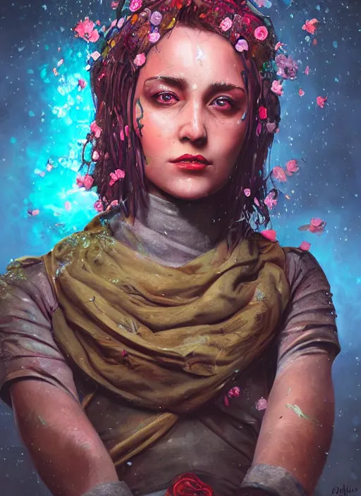 Prompt: An epic fantastic realism comic book style portrait painting of the most beautiful woman in the universe, flowers rain everywhere, fisheye lens, Apex Legends Concept Art, unreal 5, DAZ, hyperrealistic, octane render, cosplay, RPG portrait, dynamic lighting