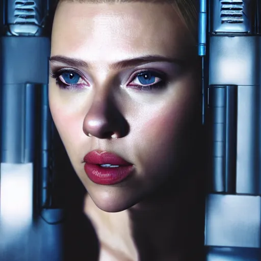 Prompt: scarlett johansson as a cyberpunk cyborg, sensual, beautiful soft light failling on her face, studio photography, nikon 3 5 mm portrait photography, ultra realistic