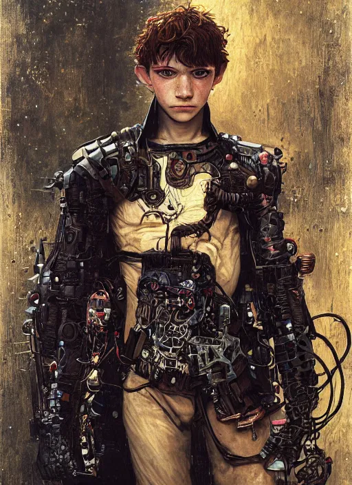 Image similar to portrait of young gothic Tom Holland, cyberpunk, Warhammer, highly detailed, artstation, illustration, art by Gustav Klimt and Range Murata and Katsuya Terada