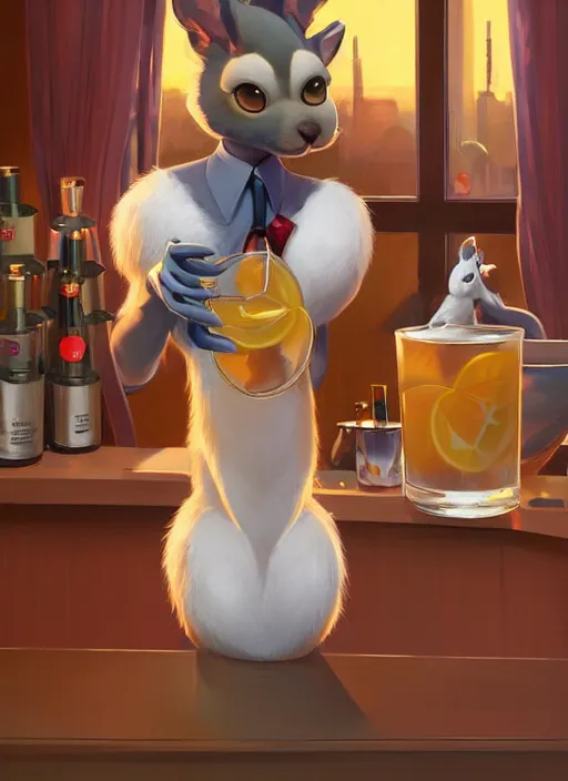 Prompt: squirrel anthro as a dapper bartender with a big fluffy tail, retro futurism, art deco, detailed painterly digital art by WLOP Cory Loftis, 🐿🍸🍋, furaffinity, trending on artstation