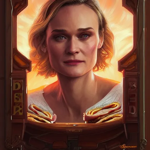 Image similar to Diane Kruger eating cheesesteaks, dripping BBQ Sauce, serving burgers, D&D, spilling ketchup, fantasy, intricate, elegant, highly detailed, digital painting, artstation, concept art, matte, sharp focus, illustration, hearthstone, art by Artgerm and Greg Rutkowski and Alphonse Mucha