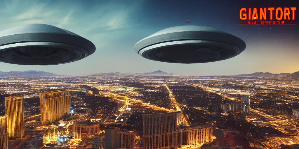 Prompt: a pfotograph of an giantic ufo over las vegas, movie poster, rule of threes, film photography, 3 d render, trending on artstation, 3 d society, futurism