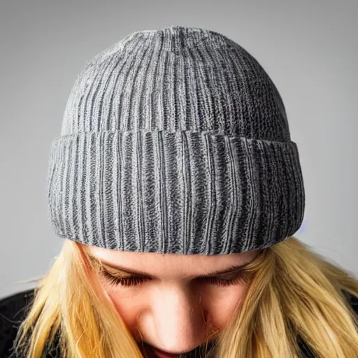 Image similar to a professional focus studio photograph close - up shot of a beanie, professional lighting, studio lighting, dramatic, realistic