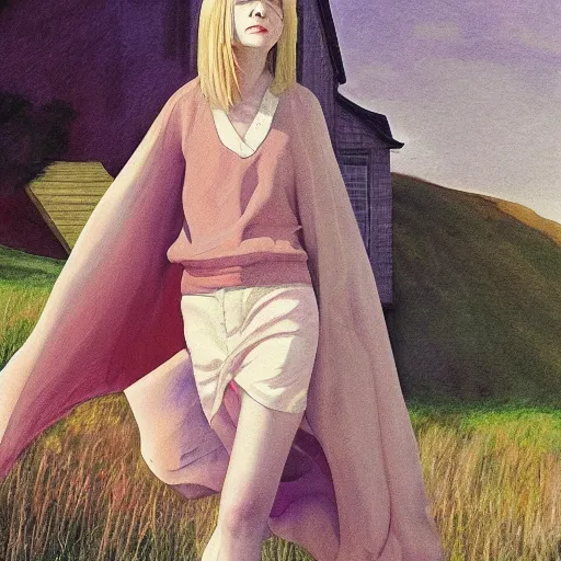 Prompt: Elle Fanning in the painted world of Spirited Away, head and shoulders masterpiece, apocalypse, golden hour, cosmic horror, artstation, in the style of Andrew Wyeth and Edward Hopper and Bosch, extremely detailed