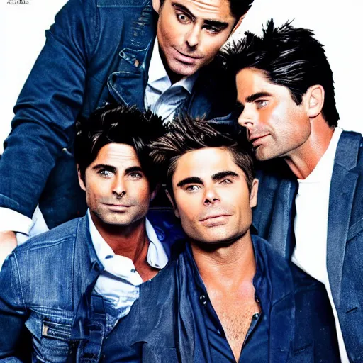 Image similar to portrait of zac efron and john stamos and rob lowe, vogue magazine cover, dramatic light, photoshoot, face photo, detailed, face details sharp,