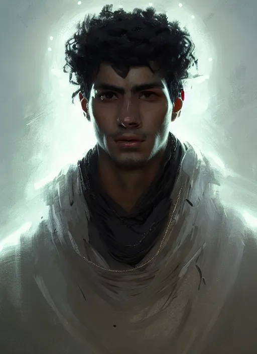 Image similar to portrait of an ancient traveller, a rough young man with black hair, intricate, elegant, glowing lights, highly detailed, digital painting, artstation, concept art, smooth, sharp focus, art by wlop, mars ravelo and greg rutkowski