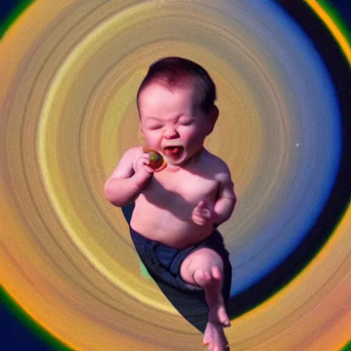 Image similar to a baby eating the planet Saturn