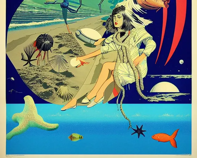 Image similar to 1976 science fiction poster, cut out, nouvelle vague, beach on the outer rim, kabuki theater, tropical sea creatures, aquatic plants, drawings in style of Monty Python Flying Corcus, composition William S Boroughs, written by Neil Gaiman