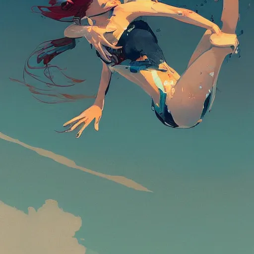 Prompt: a ultradetailed beautiful panting of a woman diving away from the viewer, by conrad roset, greg rutkowski and makoto shinkai, trending on artstation