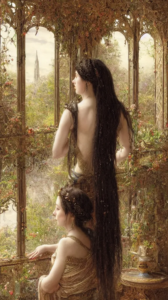 Image similar to secret view from behind wide mirror of a beautiful black haired woman with pale skin and a crown on her head sitted on an intricate metal throne, very deep stillness atmosphere, silence, dimension of still moment, spiritual feeling, digital art, by daniel ridgway knight