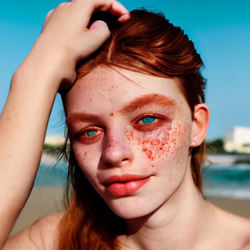 Image similar to portrait of a cute thin young woman, bronze brown hair, eye color is emerald green, red blush, cute freckles, smug smile, modern clothes, relaxing on the beach, golden hour, close up shot, 8 k, art by irakli nadar, hyperrealism, hyperdetailed, ultra realistic