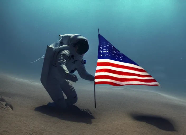 Image similar to astronaut underwater putting a flag in the sand of the bottom of the ocean. in the background, a submarine is visible. dark, concept art, cinematic, dramatic, atmospheric, 8 k, trending on artstation, zack snyder