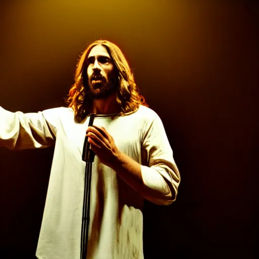 Image similar to Jesus Christ in a rock band, singing on stage, dynamic lighting, dynamic pose