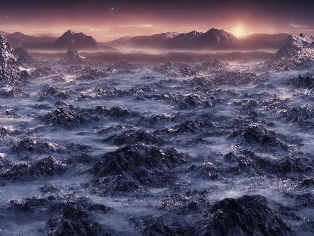 Image similar to epic crystalline taiga with a lake, golden hour, rocky ground, distant mountains with top on snow, atmospheric perspective, altostratus clouds, planets, cinematic, 3 5 mm lens, photographic, octane render, cinematography by roger deakins, in the style of ansel adams