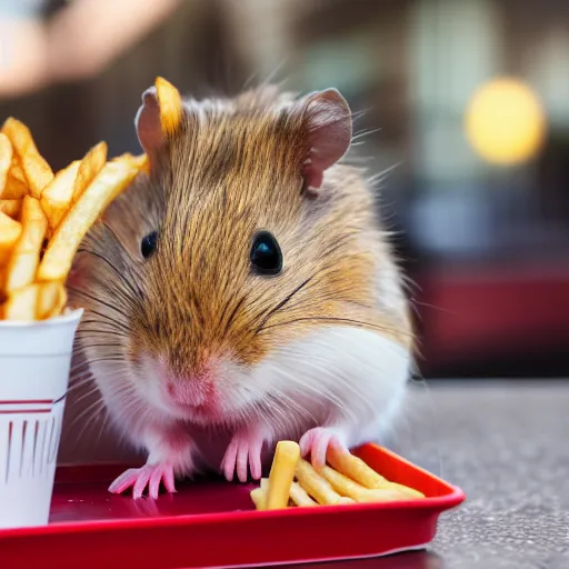 Image similar to detailed photo of a hamster eating fries, mcdonald's, various poses, full body, unedited, daylight, dof 8 k