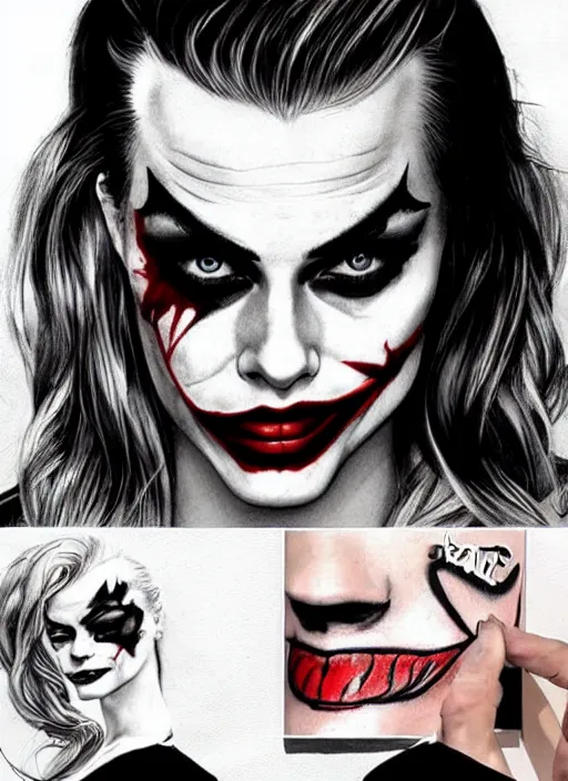 Image similar to tattoo design of margot robbie with joker makeup, ace card, in the style of den yakovlev, realistic face, black and white, realism tattoo, hyper realistic, highly detailed