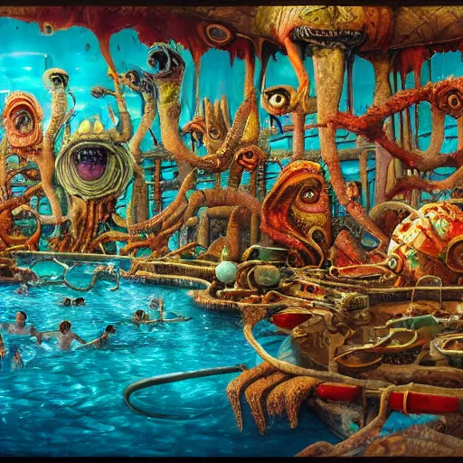 Image similar to the swimming pool of terror, on ancient post - apocalyptic planet, jim henson creature shop, vivid and colorful, thomas kincaid, cinematic, oil painting, highly detailed, illustration