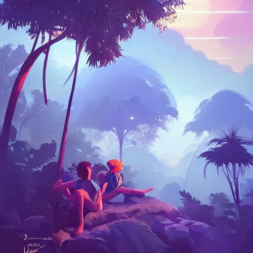 Image similar to tropical jungle, 2 moons in the sky above, purple tinged sky, behance hd artstation by jesper ejsing by rhads, makoto shinkai and lois van baarle, ilya kuvshinov, ossdraws