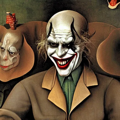 Prompt: portrait of the joker, joker is laughing, drama, chaos matte painting by hieronymus bosch and zidislaw beksinsky