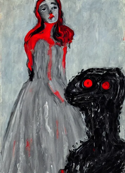 Prompt: a painting of AnnaSophia Robb, frozen cold stare, blood red background and transparent gray dress, crows as a symbol of death, in style of Chaim Soutine and Edward Hopper