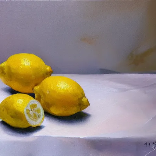 Image similar to lemons dramatic lighting on white tablecloth, oil painting, pale colors, high detail, 8 k, wide angle, trending on artstation,