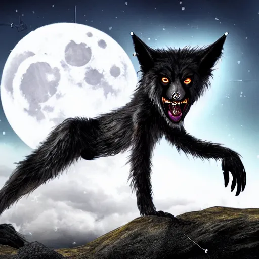 Image similar to female werewolf transformation at night with black realistic fur, under the moon, ultra detail, ultra realistic, 8 k