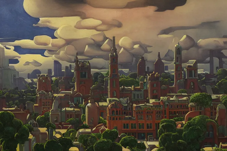 Image similar to view of the old grey city and its gardens after a storm, tall windows lit up, beautiful ornamental architecture, dramatic cinematic lighting, rich colors, by Nicholas Roerich and William Dyce and April Gornik and Sylvain Sarrailh and Ludwig Deutsch and Diego Rivera, featured on artstation