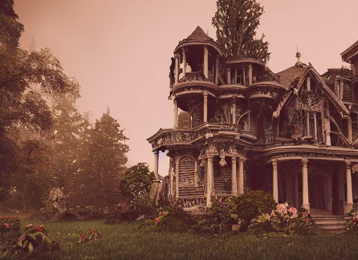 Image similar to A haunted Mansion in the middle of the woods, evil, demonic, enchanting, angelic, flowers, nature, city, symmetry, environment concept, cinematic, Rendered in Octane, trending on artstation, cgsociety, moody lighting rendered by octane engine, environment 8K artstation, cinematic lighting, intricate details, 8k detail post processing, hyperealistic, octane render, photo realism, visually inspired by Blade Runner 2049